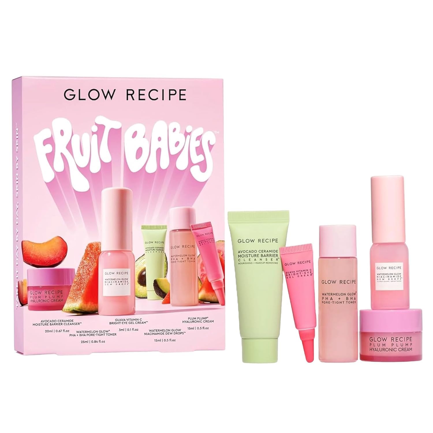 61HrsSh86nL._SL1500_ Glow Recipe Fruit Babies Skincare Kit - Gift Set with Ceramide Facial Cleanser + BHA Toner + Vitamin C Eye Cream + Hyaluronic Acid Cream + Niacinamide Dew Drops (5 Count) - Image 1